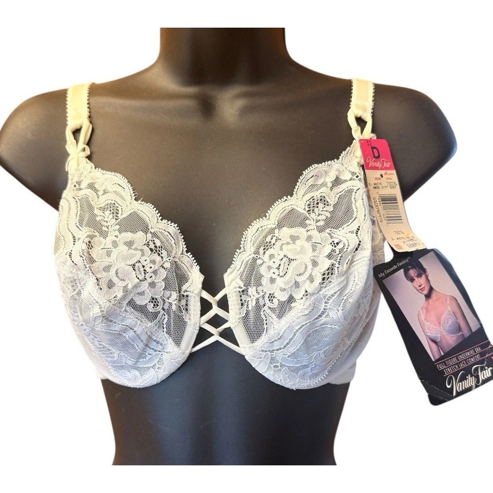 Vintage Vanity Fair Bra 32D Sheer White Nylon Lace Floral Full Figure Underwire